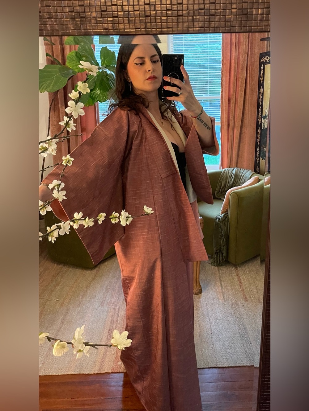 Vintage silk tsumugi weave Japanese kimono dusty rose pink